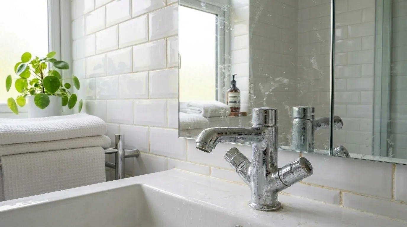 Limescale stained bathroom faucet before cleaning